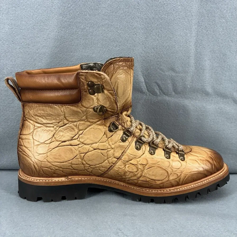 TAFT Croc Embossed Leather Hiker Boots Men US 12 EU 46 Vibram Spain The Viking